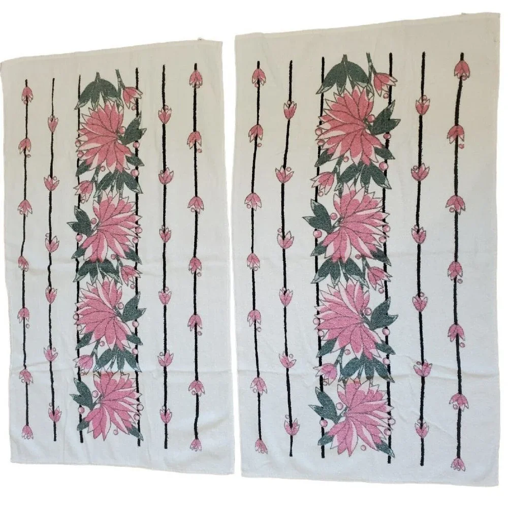 Vintage 80s Dundee Bath Towel Wash Cloth Set White Pink Floral‎ Stripes 4 Pc